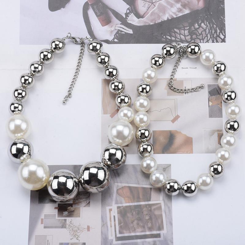 Silver-white Round Pearl Necklace, Cold Wind Exaggerated Double-layer Design Collarbone Chain Female