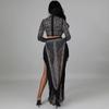 Sexy Rhinestone Mesh See-through Long Sleeve Slit Two-piece Nightclub Dress
