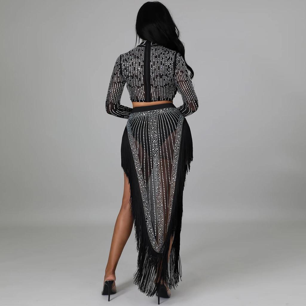Sexy Rhinestone Mesh See-through Long Sleeve Slit Two-piece Nightclub Dress