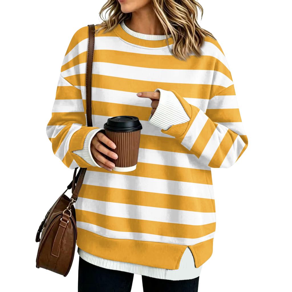 Damen Mode Lässig Gestreift Langarm Sweatshirt Zweiteilig Locker Sitzend Pullover Oberteil