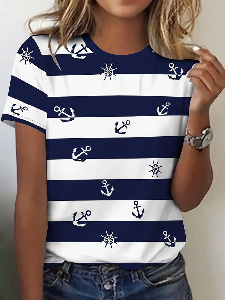 Summer Anchor Stripe 3D Print T-Shirts Women Casual Short Sleeve Round Neck T Shirt Harajuku Y2K Tees Top Female Street Clothing