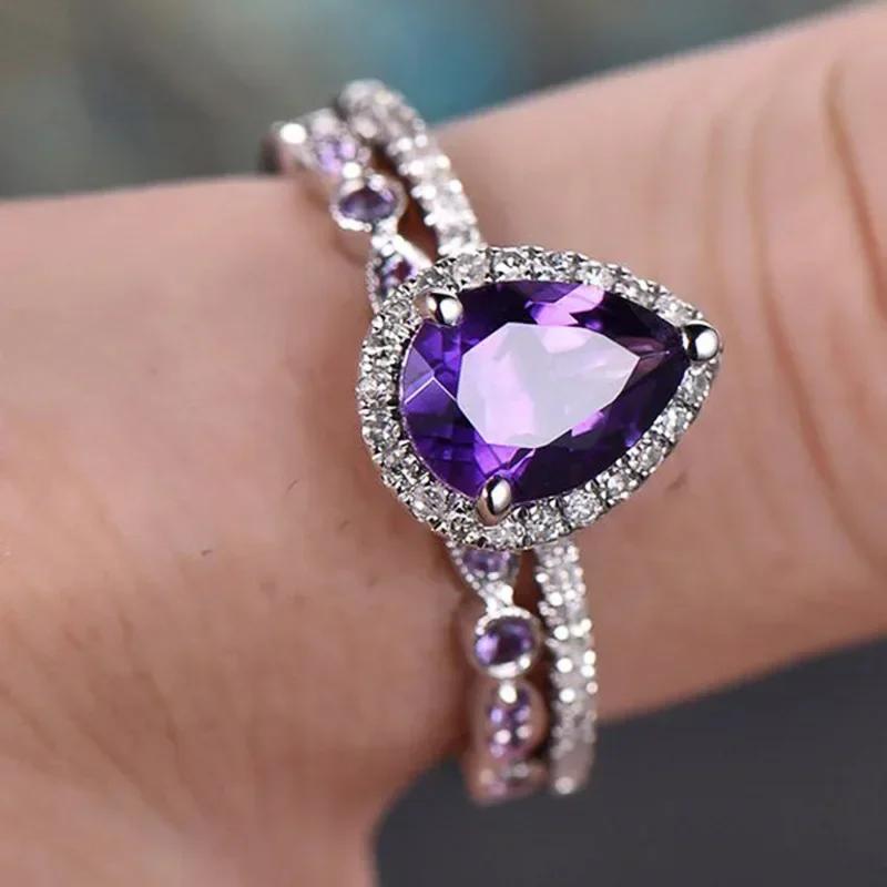 2025 New Purple Cubic Zirconia Ring with Sparkling Square Crystal, High End Women's Personalized Fashion Cocktail Party Zircon