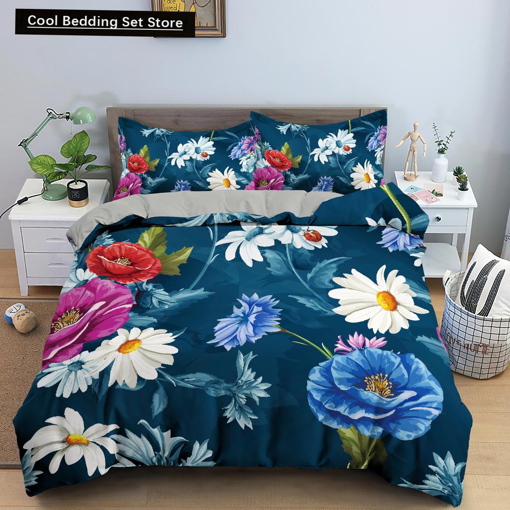 Floral King Queen Duvet Cover Fuchsia White Flower Bedding Set for Girl Women Colorful Plant Leaves 2/3pcs Polyester Quilt Cover
