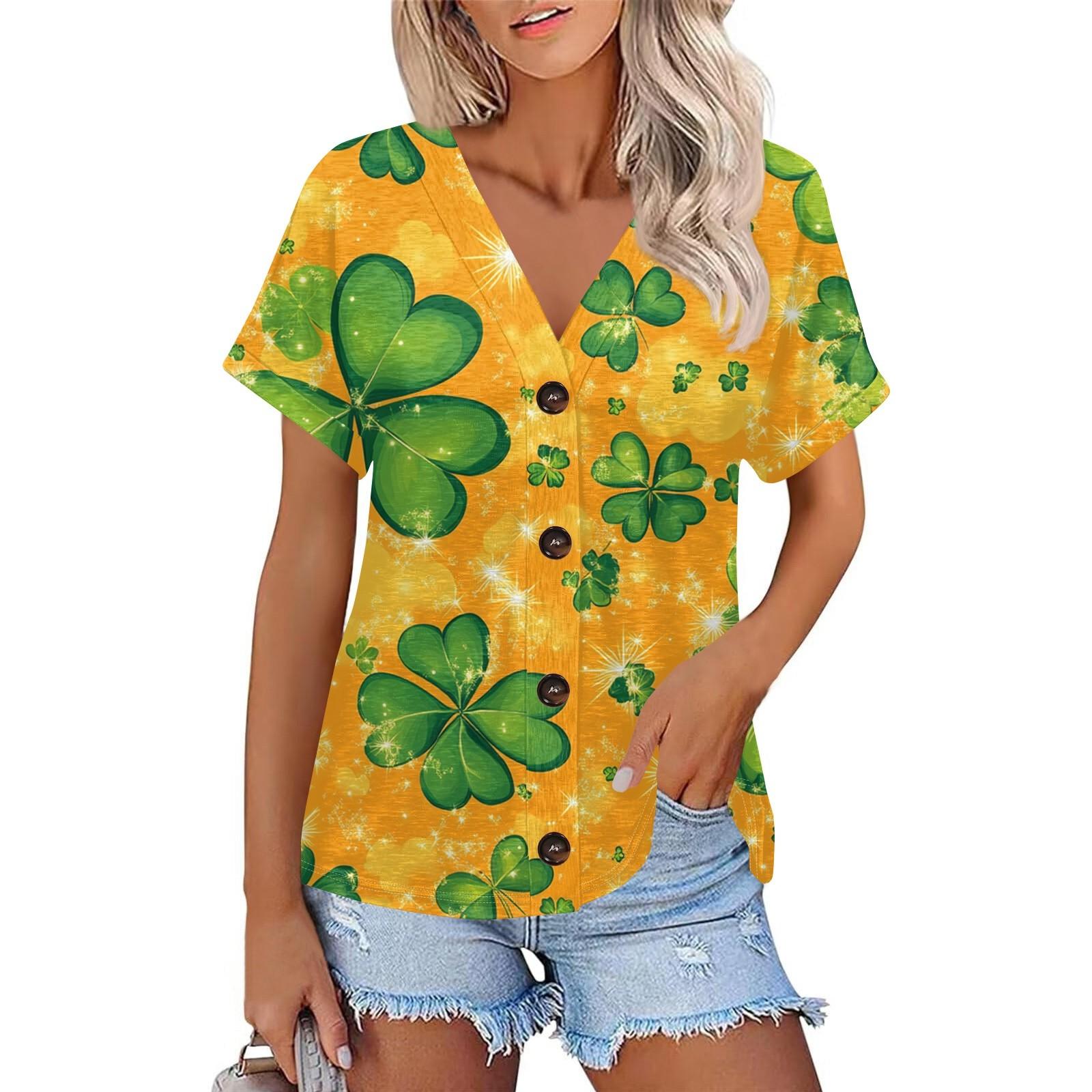 

Женская мода с коротким рукавом и V-образным вырезом St. Футболка с принтом Patrick Top Casual на пуговицах XXXL