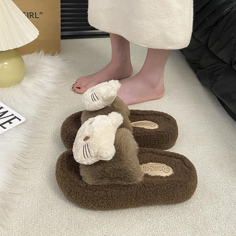 Niedliche Kätzchen flauschige Hausschuhe Cartoon Damen Oberbekleidung 2025 Herbst und Winter neue flache Sohle rutschfest Plüsch Baumwolle dicke Sohle