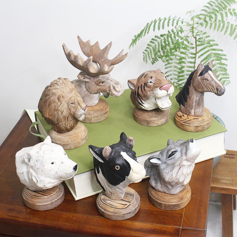 Artificial Animal Sculpture Woodcarving Tiger Lion Animal Head Woodcarving Crafts Pine Ornaments Home Decoration Accessories