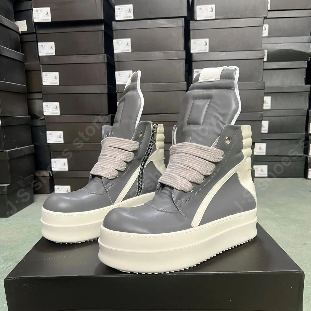 R-o Designer Boots Men Sneaker Women Gray Leather Grey Ankle Boot Jumbo Laces Platform 6cm Thick Sole High Top Shoes Casual Shoe