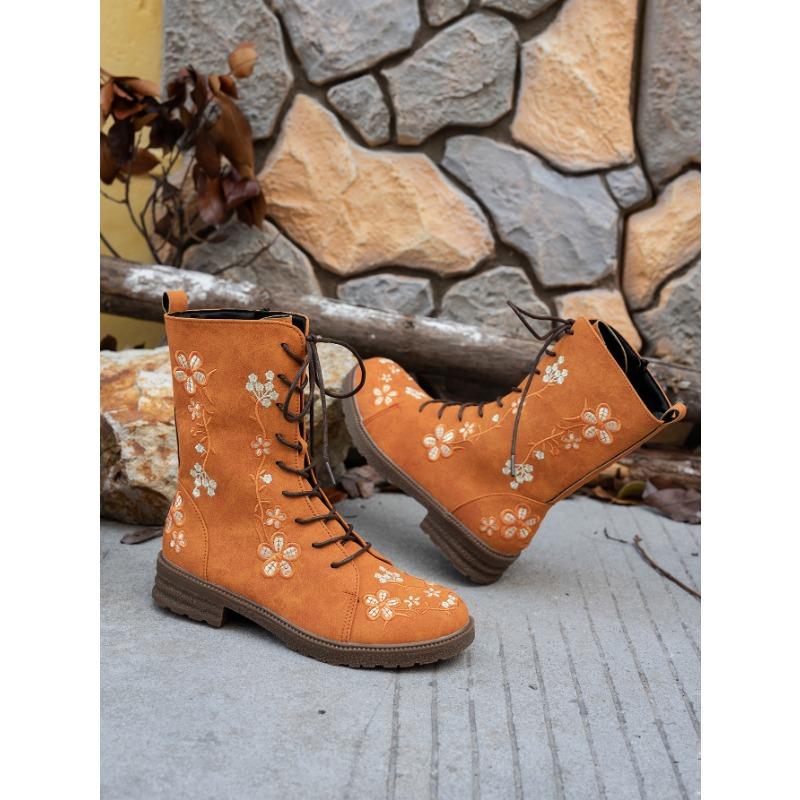Autumn and Winter New Flat-bottom Embroidered Martin Boots Women's Round Head Square Heel Side Zipper Lace-up Medium Boots Women