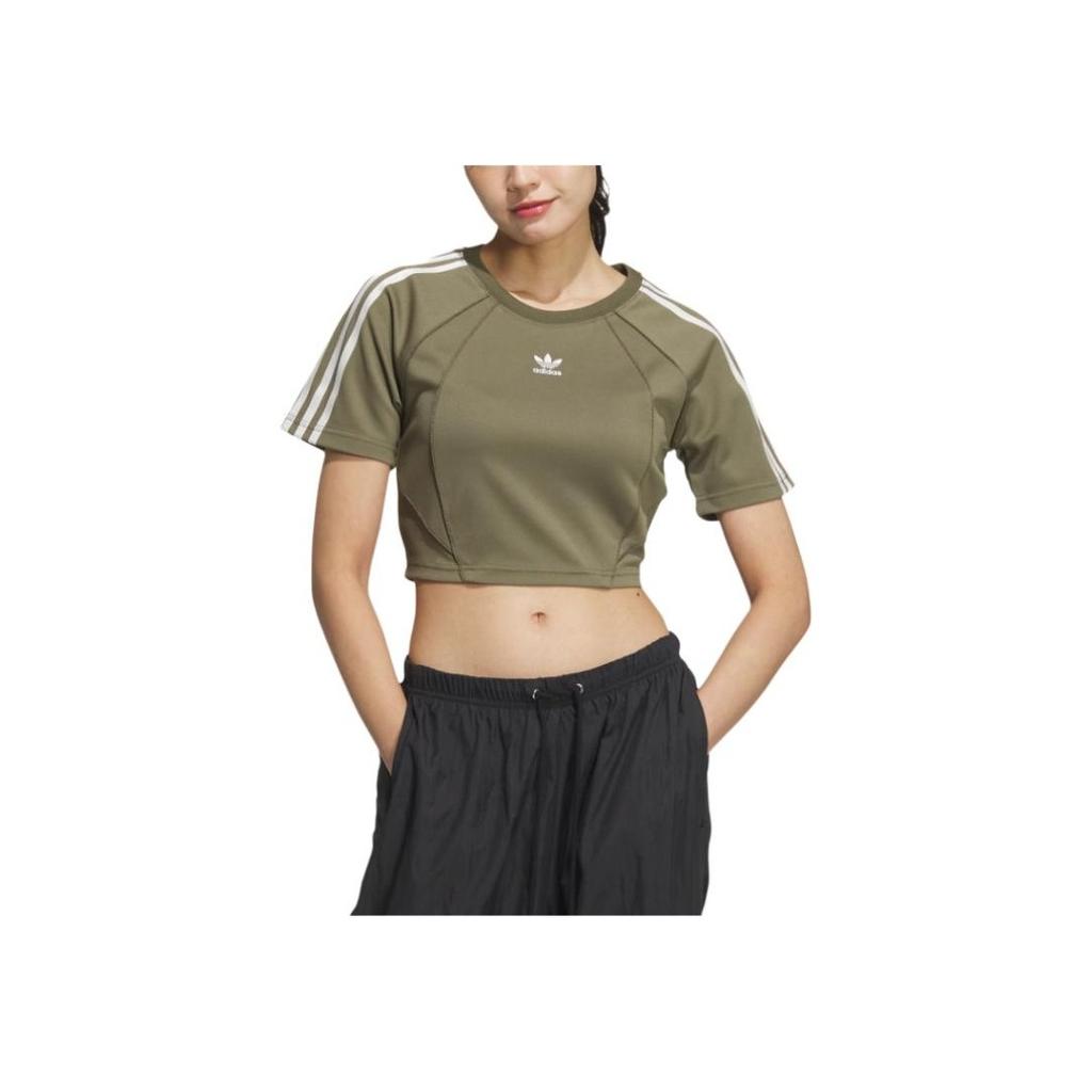 Adidas Originals Baby Tee Soft Comfortable Short Sports Round Neck Striped Slim Fit Short Sleeve Raglan T-Shirt Women Tops Layered-Olive-Green JD3285