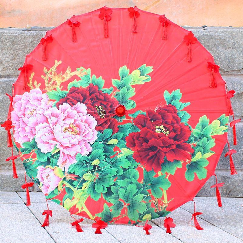 Ancient Style Oil Paper Umbrella with Petal Tassel for Children's Hanfu Dance