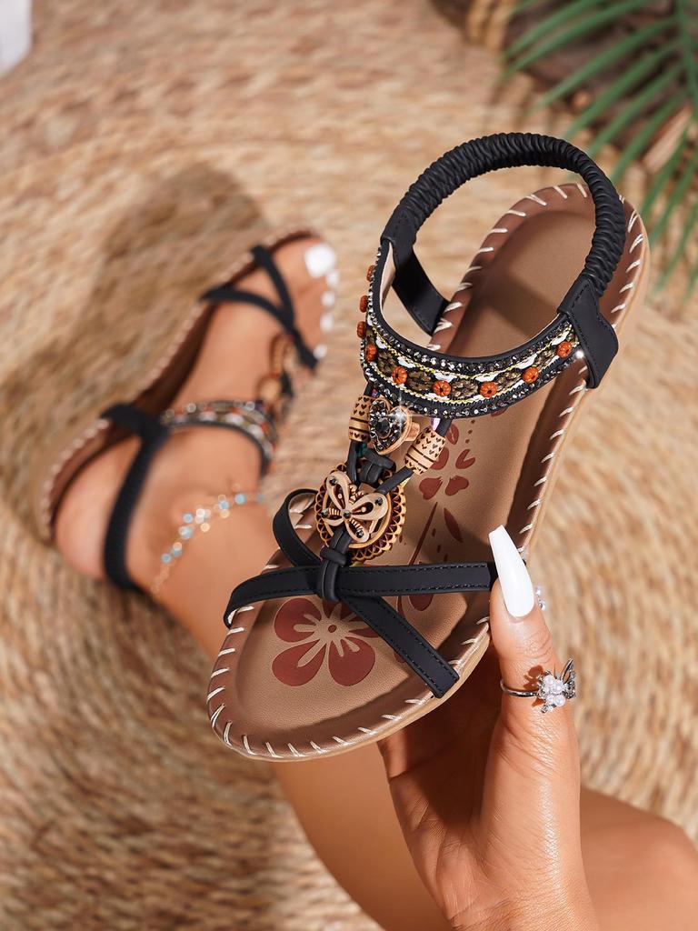 Bohemian Spring 2024 Strass Blume Offene Sandalen für Outdoor Strand
