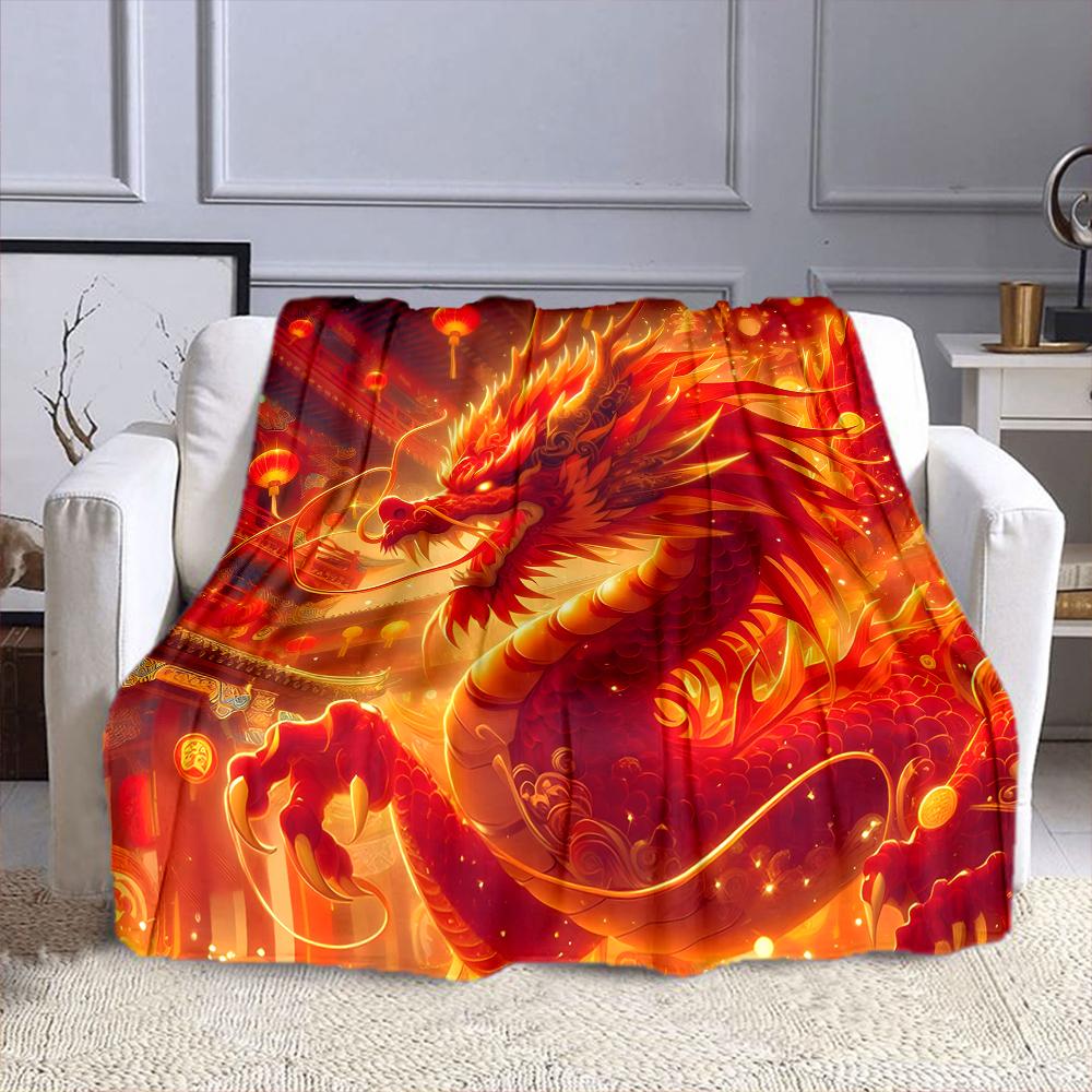 "Fiery Red Dragon In Lantern Festival" Patterned Flannel Blanket Perfect for the Bedroom Living Room, Sofa, or a Little Nap