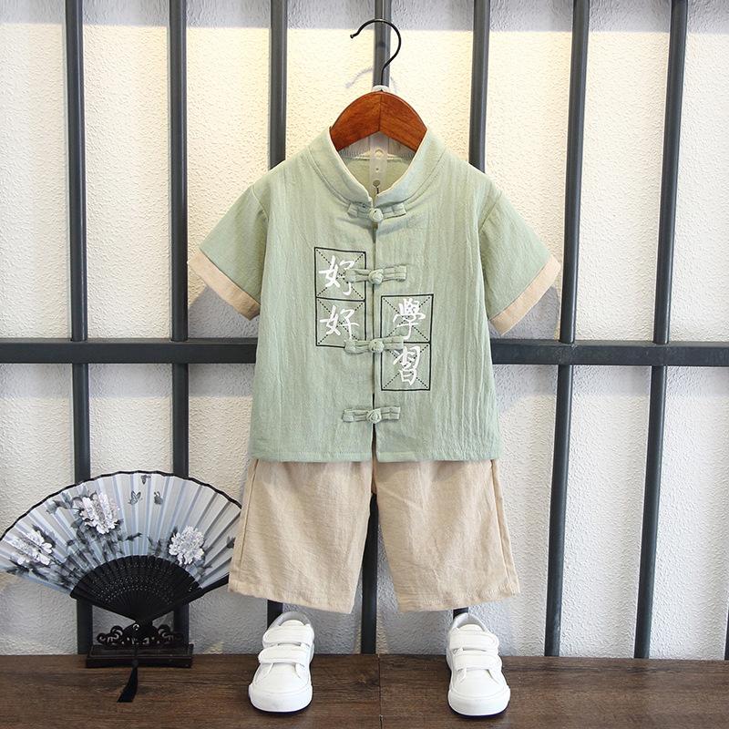 Completo Estivo da Ragazzo a Maniche Corte Stile Cinese per Bambini Hanbok Bello Completo Tang Cotone Lino Sezione Sottile di Abbigliamento Antico