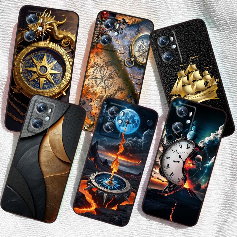 Vintage compass illustration For OPPO Reno 5 6 7 A96 A40 A58 Realme GT A74 A78 Neo2 A74 A78 Find X5 X3 X7 X8 Black Phone Case