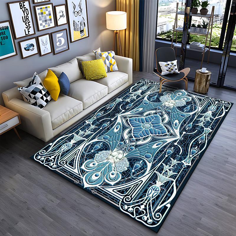 Mandala Flower Pattern Carpet in Blue and White Art Deco Style Suitable for use as an anti-slip for living room bedroom sofas
