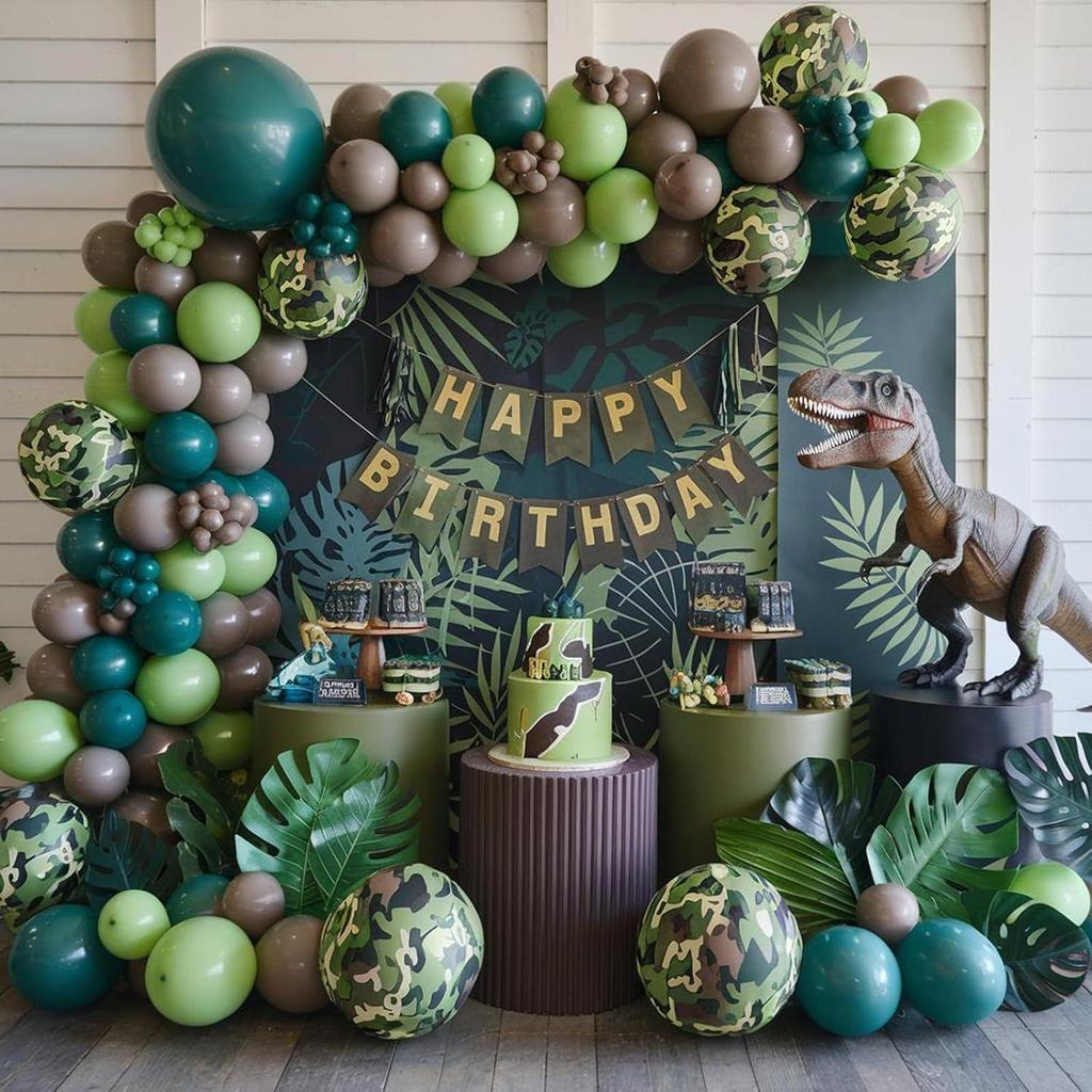 Retro Camo Dinosaur Party Balloon Garland for Outdoor Camping