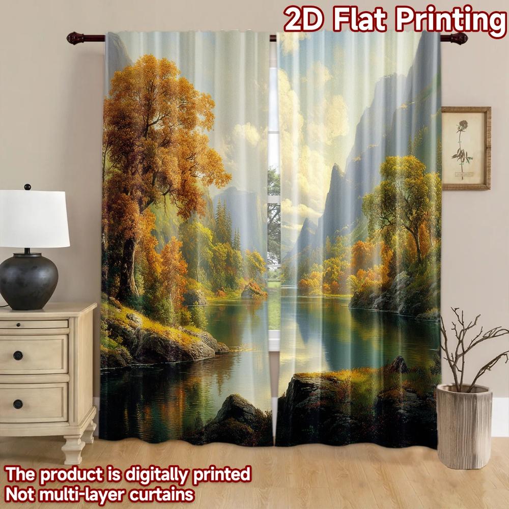2D Flat Printing 2pcs Curtain Autumn Mountain Lake Landscape Digital Printed Polyester Drapes Festive Curtains Use for Yard &