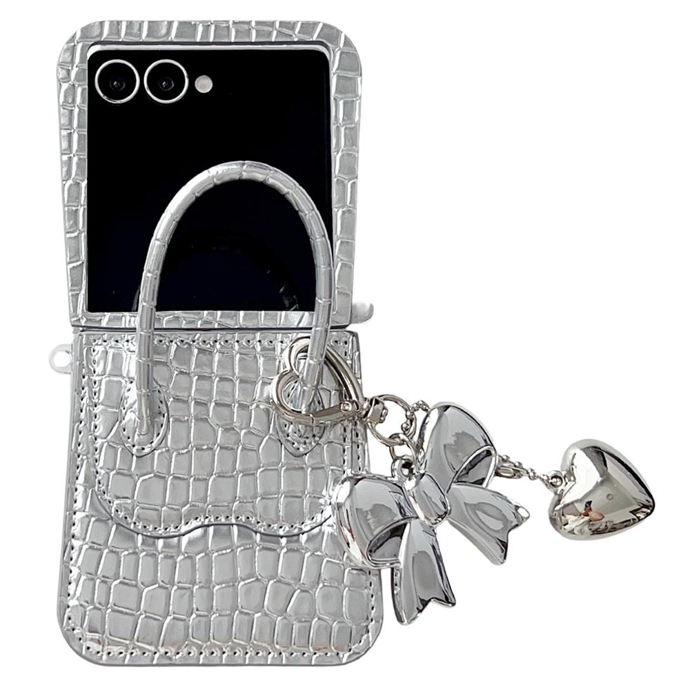 For Samsung Galaxy Z Flip7 5G Case Handbag Crocodile Texture Leather+PC Phone Cover with Bow Heart Pendant