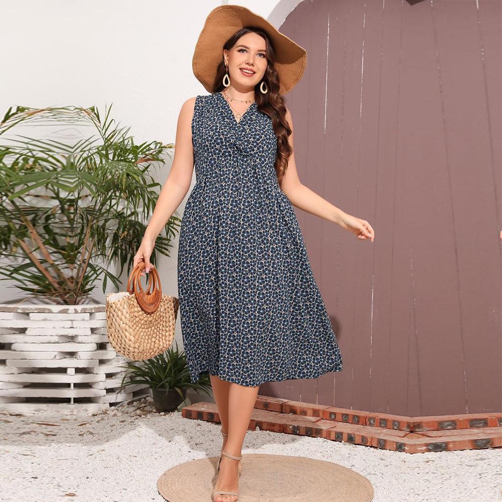 Plus Size Women's Floral V-Neck Loose Sleeveless Large Swing Simple Print Dress Blue XL-5XL