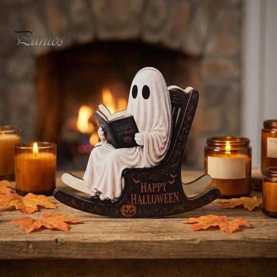 Spooky Bookshelf Ornament Halloween Rocking Chair Ghost/Skeleton Ornament, Wooden Desktop Decoration, Dynamic Ghost Decoration Figurine for
