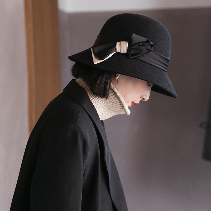 Filzhut Damen Herbst und Winter Wolle Neu Schwarzer Zylinder Retro Mode Vielseitiger Bucket Hat Wollene Beckenmütze Damen Winter