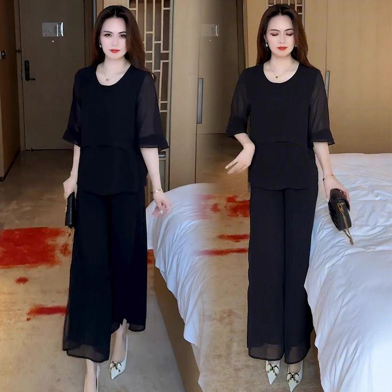 Summer Chic Women's Two-Piece Set: Loose Chiffon Top & Wide-Leg Pants