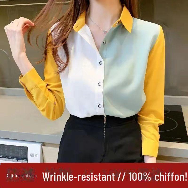 Korean Color-Block Long-Sleeve Chiffon Shirt for Women