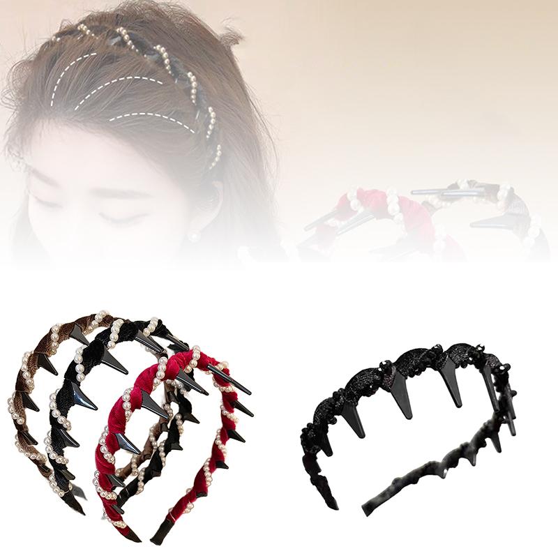 For Women Girls Fashion Sweet Anti-Slip Toothed Hairband Hair Accessories Vintage Velvet Pearl Wave Top Hairband