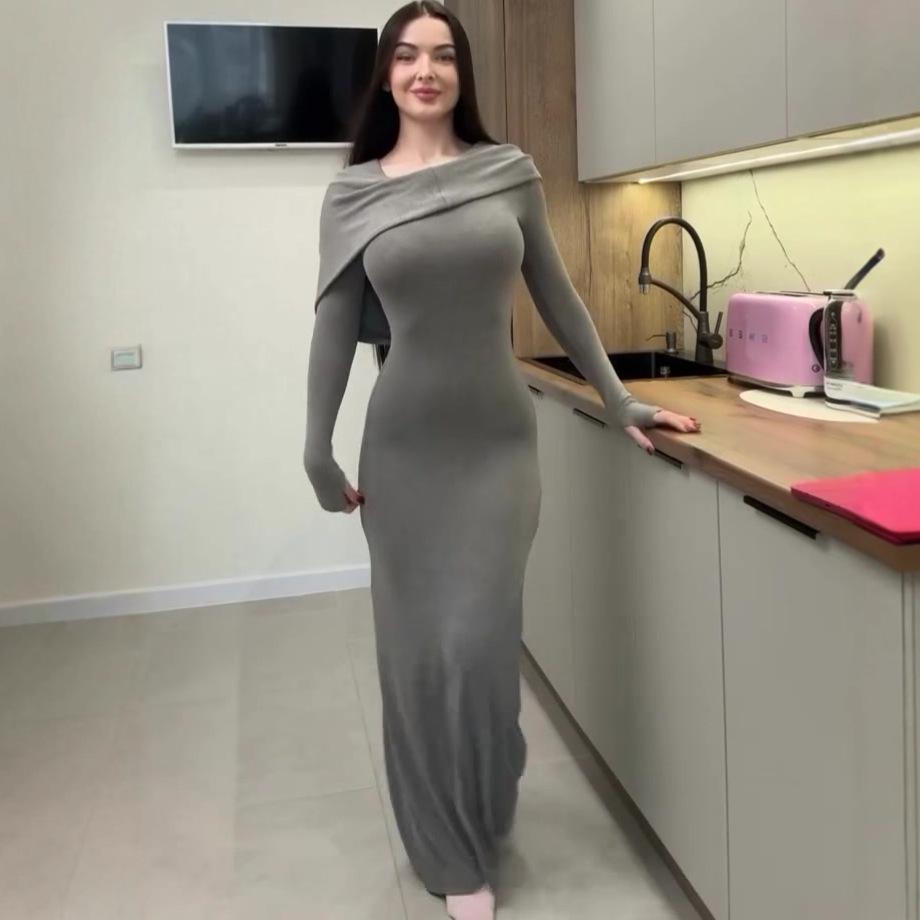 2025 Summer European & American Women’s Fashion Casual Bodycon Dress - Round Neck, Waist-Hugging S серый