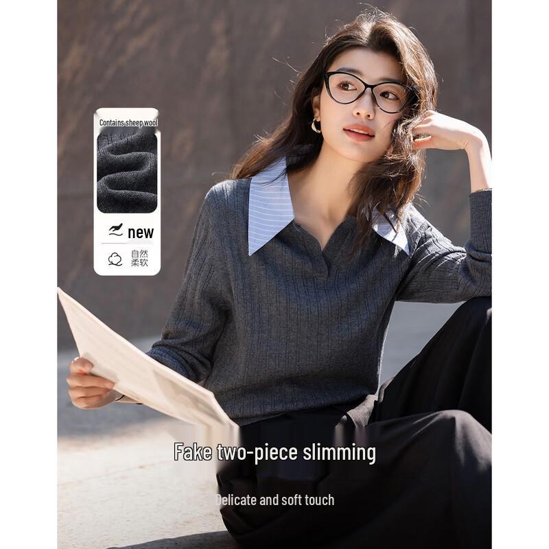 

Demana Women s Wool Blend Color Block Striped Lapel Knit Top M