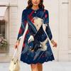 Women Plus Size Round Neck Long Sleeve Midi Dress Bald Eagle Abstract Splash Patriotic Print High Waist Swing Dress