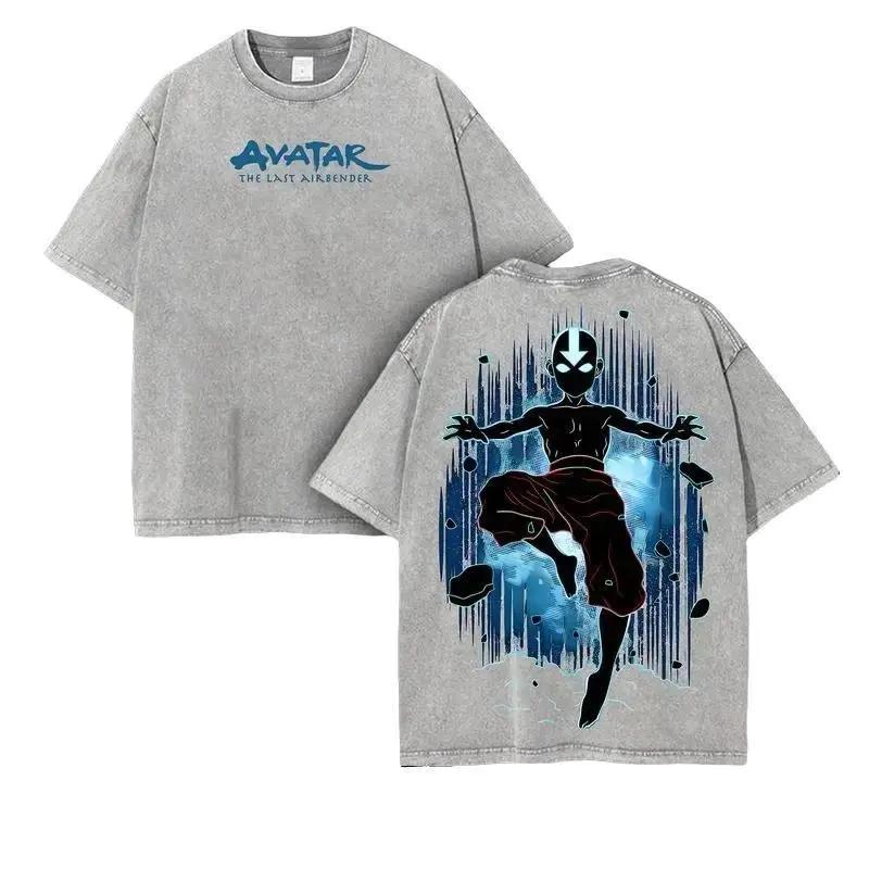 

Hot Anime Avatar Aang Printed Tee Men Women Short Sleeve Cotton Tshirts Vintage Washed T-shirt Harajuku Male Oversized T Shirt S серый