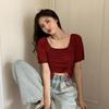 Summer Korean Version Slim Fit Drawstring Square Neck Pullover Short Sleeved Knitted Sweater for Women Thin Style Outerwear Short Top