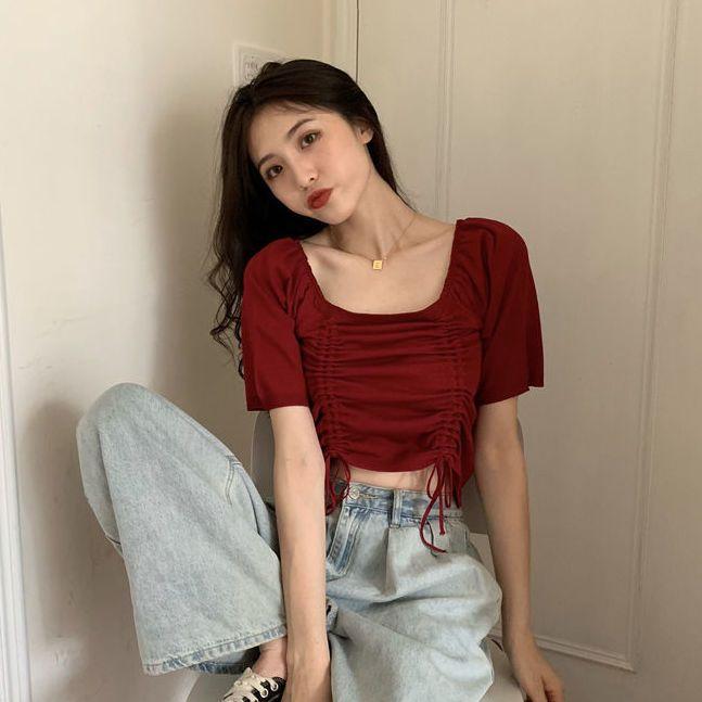 Summer Korean Version Slim Fit Drawstring Square Neck Pullover Short Sleeved Knitted Sweater for Women Thin Style Outerwear Short Top