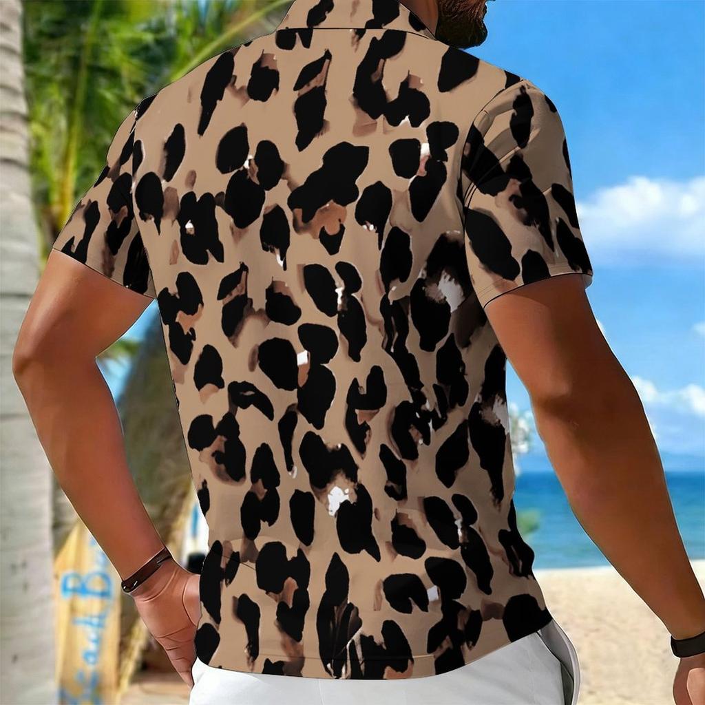 Women Short Sleeve Polo Shirt Light Khaki Dense Brown Leopard Spot Print Half Zip Lapel Top