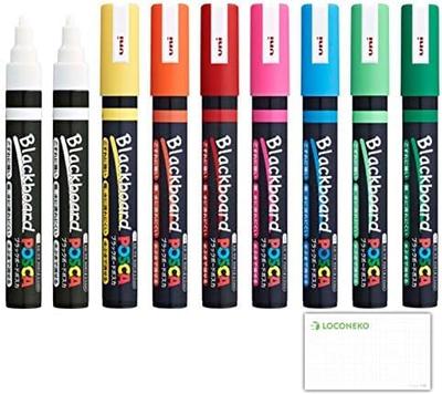 Mitsubishi Pencil Water-Erasable Blackboard Posca Water-Based Pigment Medium Point PCE-200-5M, 8 Colors (2 White Pens) + LocoNeko Card