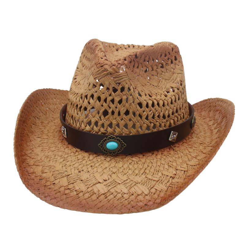 Cowboy Straw Hat Women'S Belt Decorative Sunscreen Shade Beach Hat Cowboy Hat Panama Hollow Straw Hat