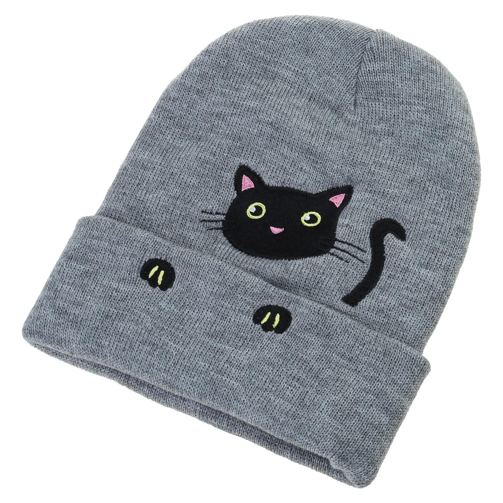 

Вязаная шапка-череп с вышивкой «Милый котенок», вязаные шапки для унисекс, пуловер, мультяшная шапка, шапки-черепа с вышивкой светло-серый