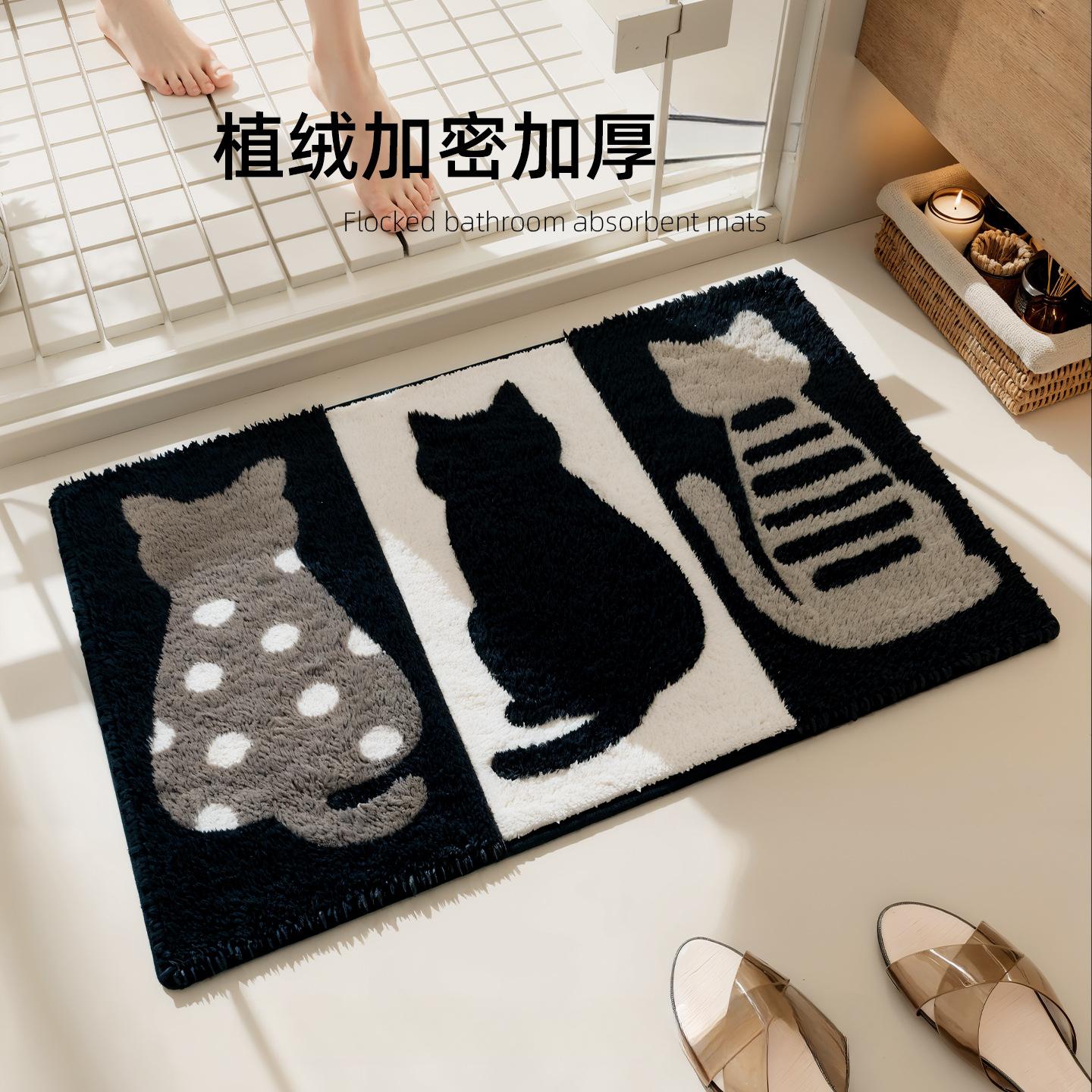 

2025New Flocked Bathroom Absorbent Mat, Thickened Non-Slip Carpet with Cartoon Cat Print, Square Floor Mat 40*60cm