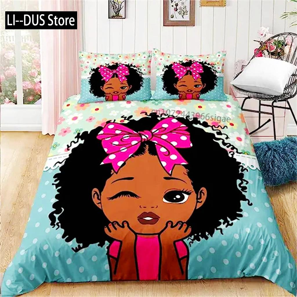 African American Black Girl Duvet Cover Black Girl Magic Bedding Set Cute Little Afro Black Princess Bed Cover Girl Room Decor