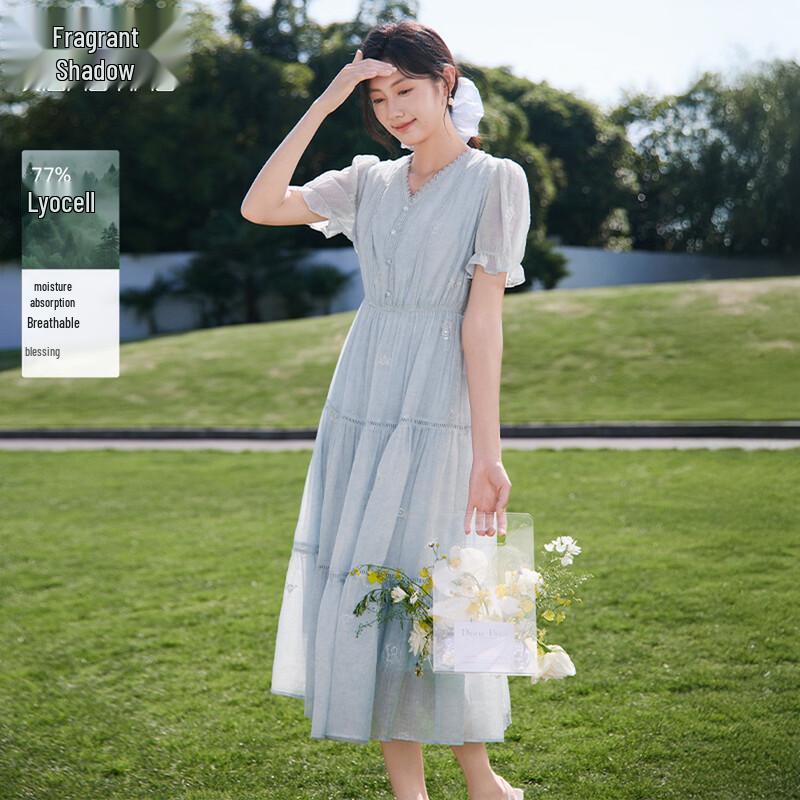 Xiangying Women s V-Neck Lyocell Tencel A-Line Midi Dress S