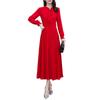 2026 New Women's Long-sleeved Lace-up Collar Solid Color Chiffon Dress Slim and Thin Beach Vacation Long Swing Dress