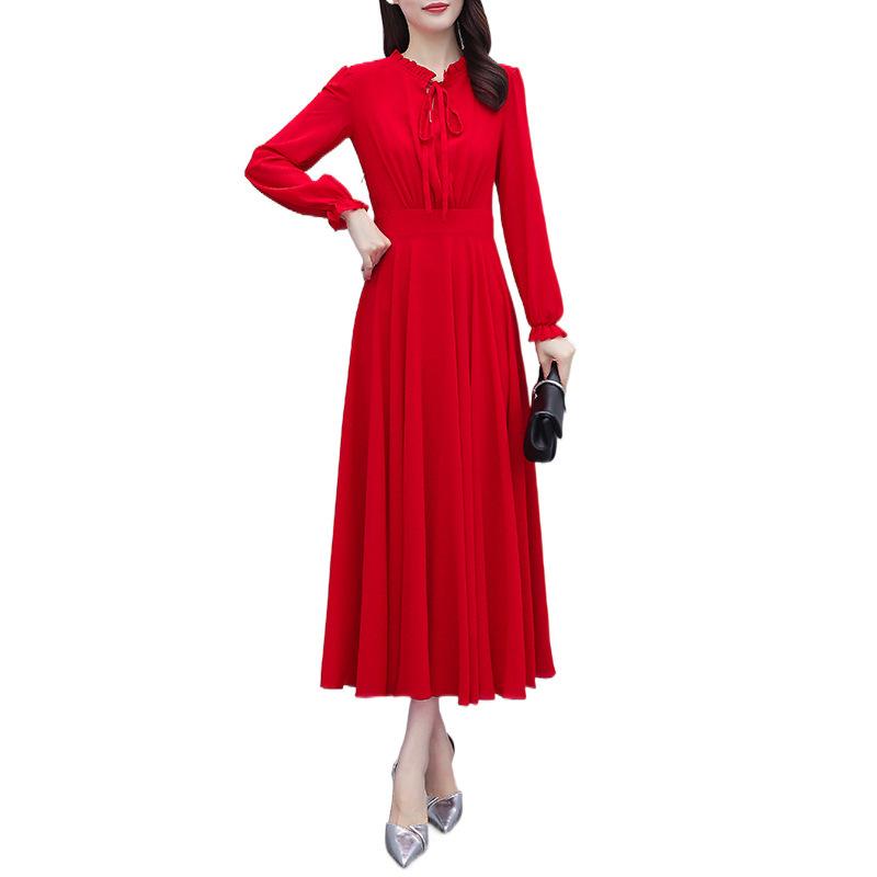 2026 New Women's Long-sleeved Lace-up Collar Solid Color Chiffon Dress Slim and Thin Beach Vacation Long Swing Dress