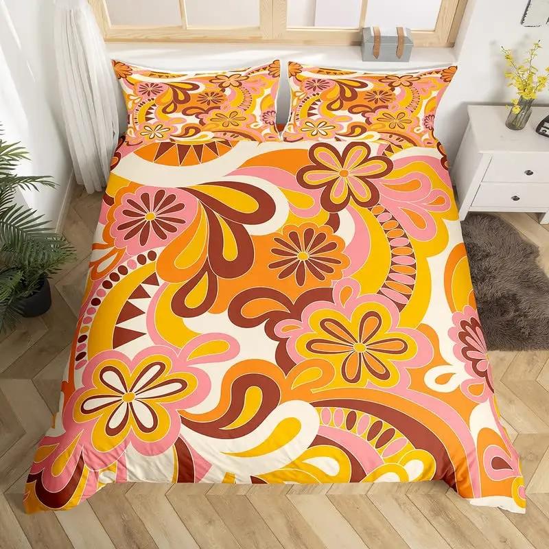 Bettdecke Retro Blumen Aquarell Gelb Floral Grüne Blätter Pflanze Bettdecke Und 2 K Bunter Stil Bettwäsche-Set