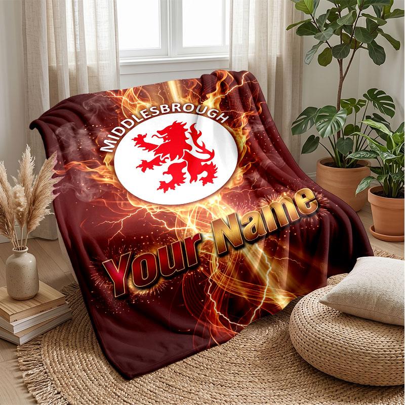 Middlesbrough FC Custom Name Text Flannel Blanket Soccer Logo Personalized Fleece Throw Blanket Special Gift For Sofa Bedroom Home