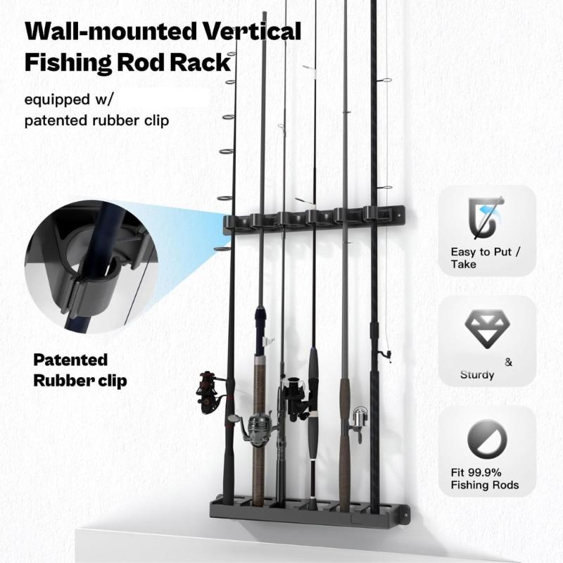 Vertical/Horizontal Fishing Rod Rack Holder Hanger Holds 6 Fishing Rods Wall Mounted Storage Organizers Display Stand