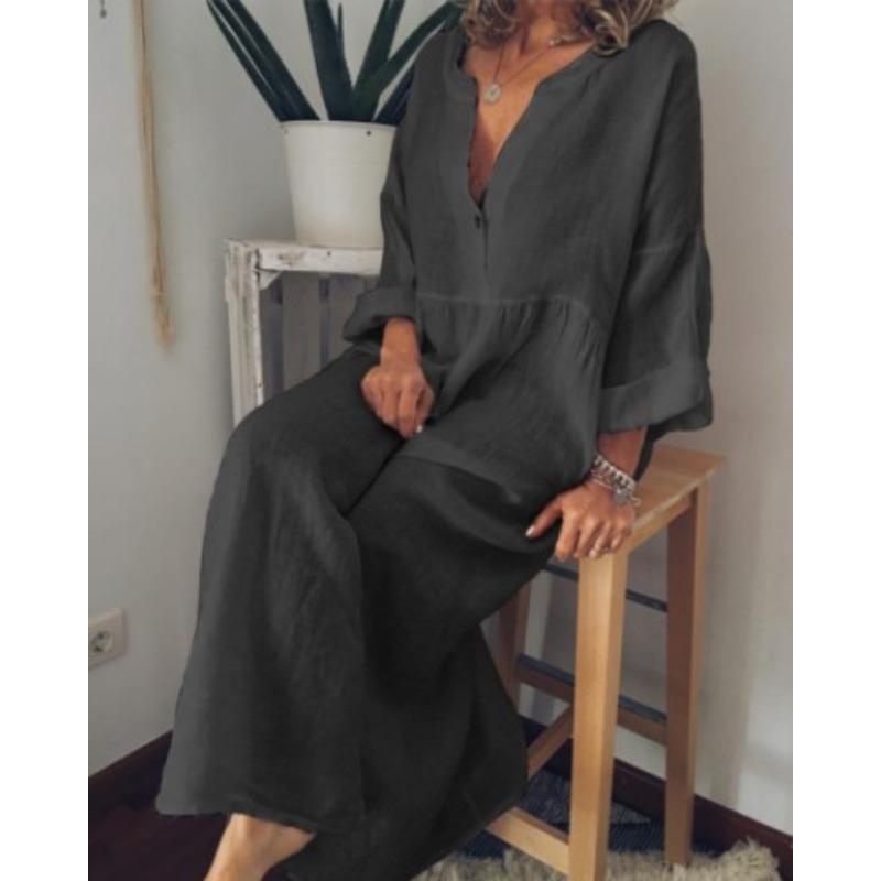 JKASHDK Damenmode Frühling Herbst Einfarbig Druck Langarm V-Ausschnitt Lockere Taille Freizeitkleider