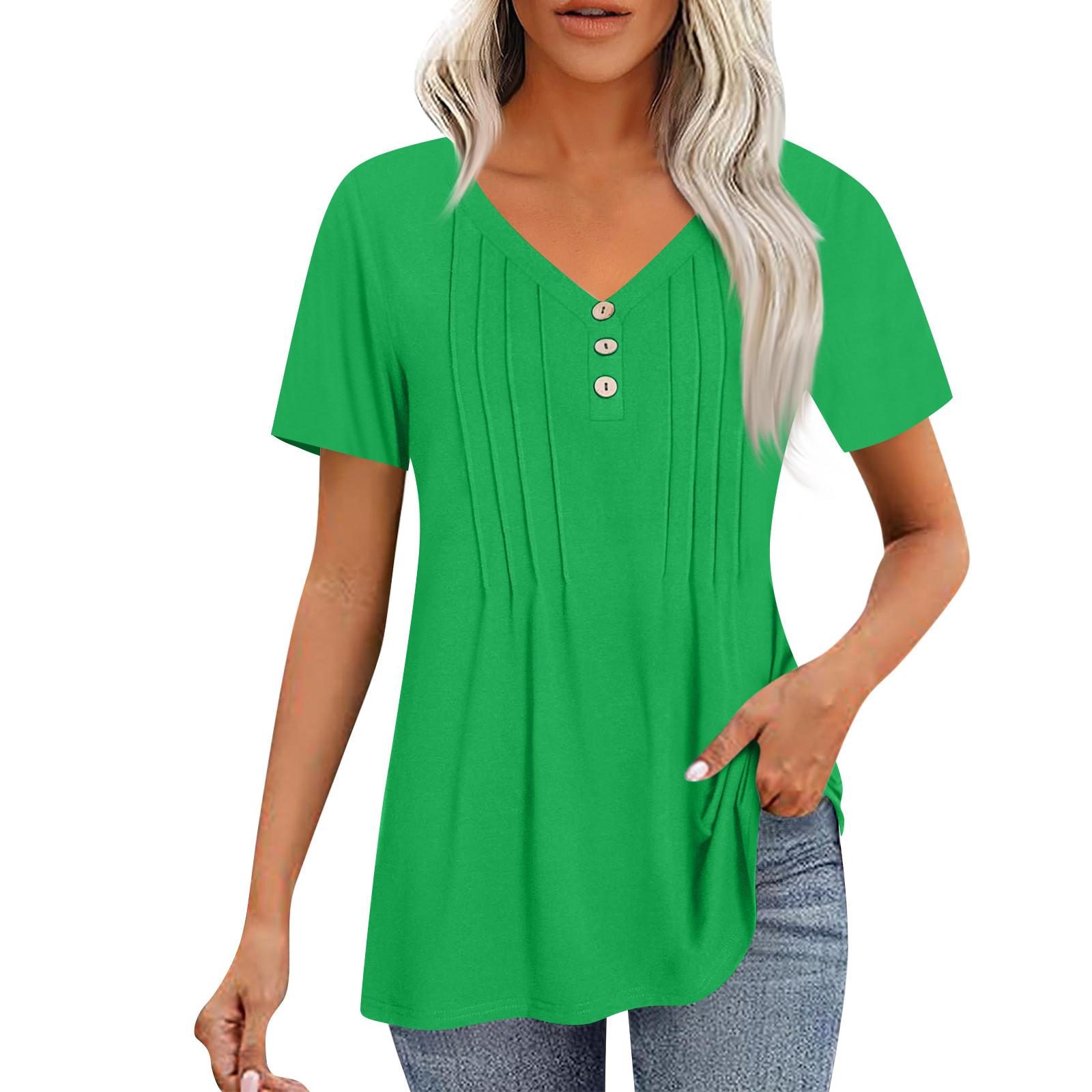 

Женские рубашки с короткими рукавами, топы, элегантные повседневные рубашки, топы с V-образным вырезом и плиссировкой XL зелёный