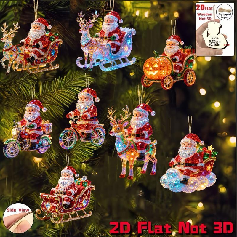 8Pcs Christmas Wooden Santa Claus Riding On Various Vehicles 2D Flat Wooden Pendant Christmas Tree Decoration Holiday Gift Decor
