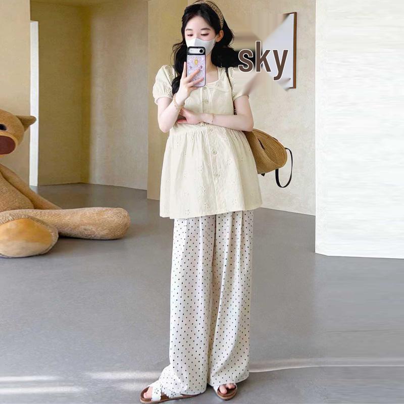 2026 Summer Maternity Fashion: Hollow Loose Top & Polka Dot Wide-Leg Pants Set M
